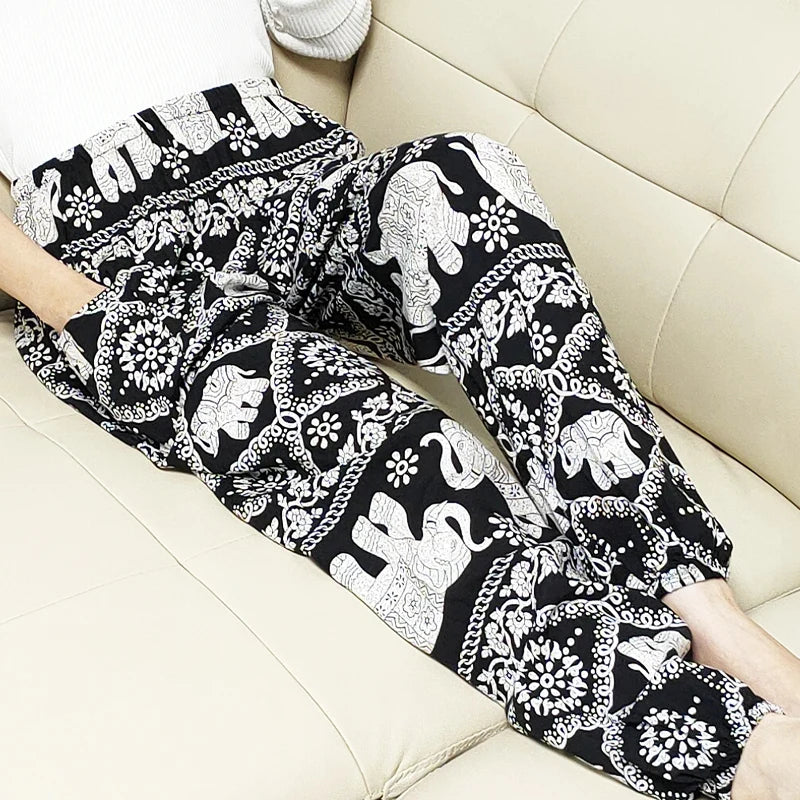 Cool Summer New Silk Cotton Spwear Loose Women's Wide Leg Pants Home Wear Floral Print Heat Resistant Comfortable Casual T...