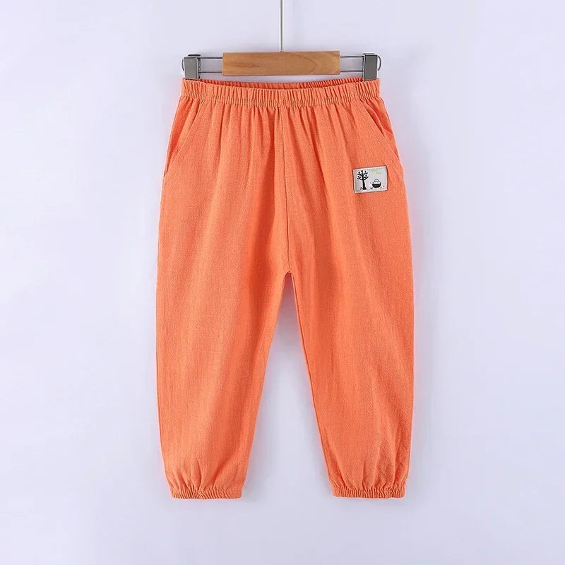 Children Trousers For Boys Girls Cotton Linen Elastic Waist Solid Color Summer Mosquito Pants Kids Clothing Long Pants 100-160cm