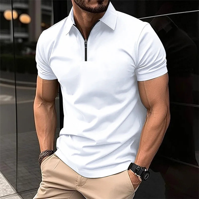 Men's stylish half-zip collar polo shirt, black slim fit short-sleeved top, business casual and versatile, available in 8 colors