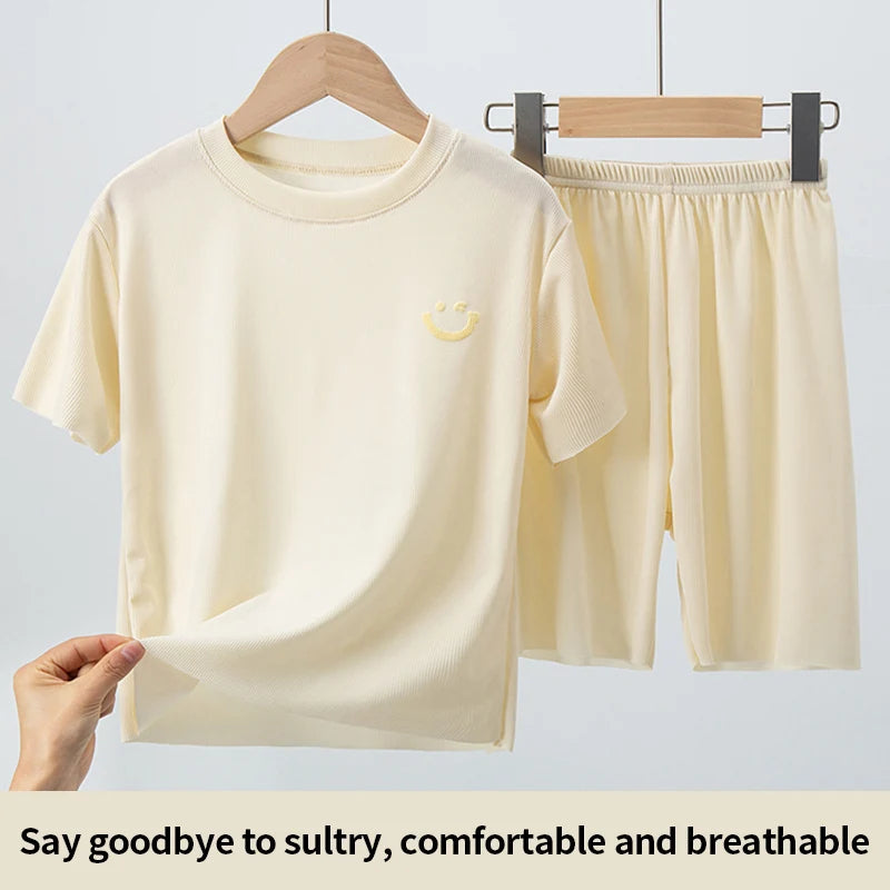 Children's Ice Silk Pajamas, Summer Thin Short Sleeved Shorts, 2-Piece Set of Big Boys and Girls' Home Clothing Set
