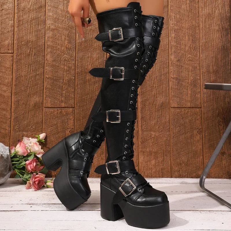 Fashion Boots Women Autumn and Winter New Niche Round Toe Platform Lace-up Buckle Women's Long Boots