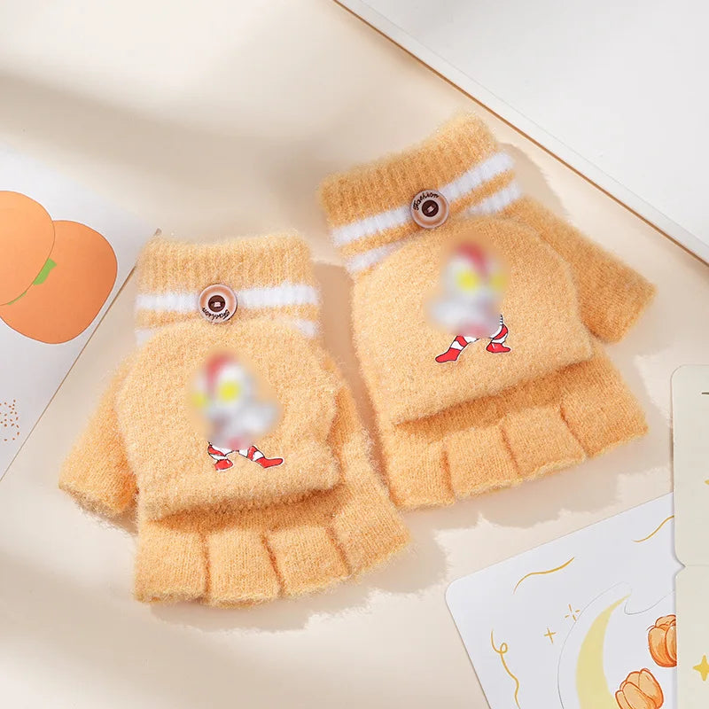 Children's Warm Gloves for Boys and Girls Cartoon Cute Half Finger Knitted Winter Flip Cover Baby Thick Cold Proof Five Fingers