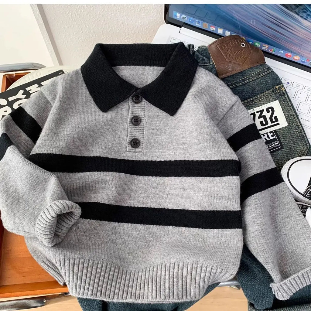 Children's Sweater Autumn/Winter New Boys' Top Casual POLO Knitted Shirt Boys' Baby Warm Bottom Shirt
