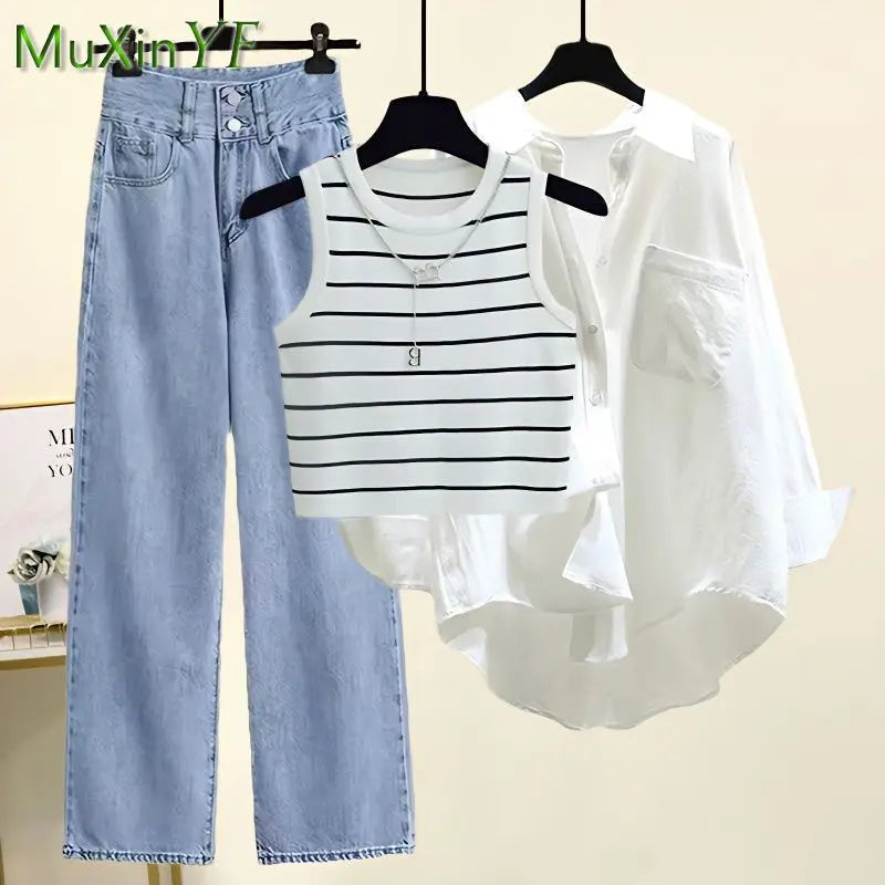 Women 2025 Spring Summer New Casual Denim Wide Leg Pants Matching Set Korean Elegant Sunscreen Shirt+Vest+Jeans Three Piece Suit
