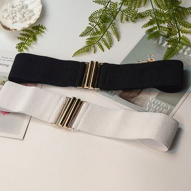 Women Elastic Band Wide Belts Simple Down Coat Waist Belt Female Black Strap Dress Decoration Accessories Metal Buckle Waistband