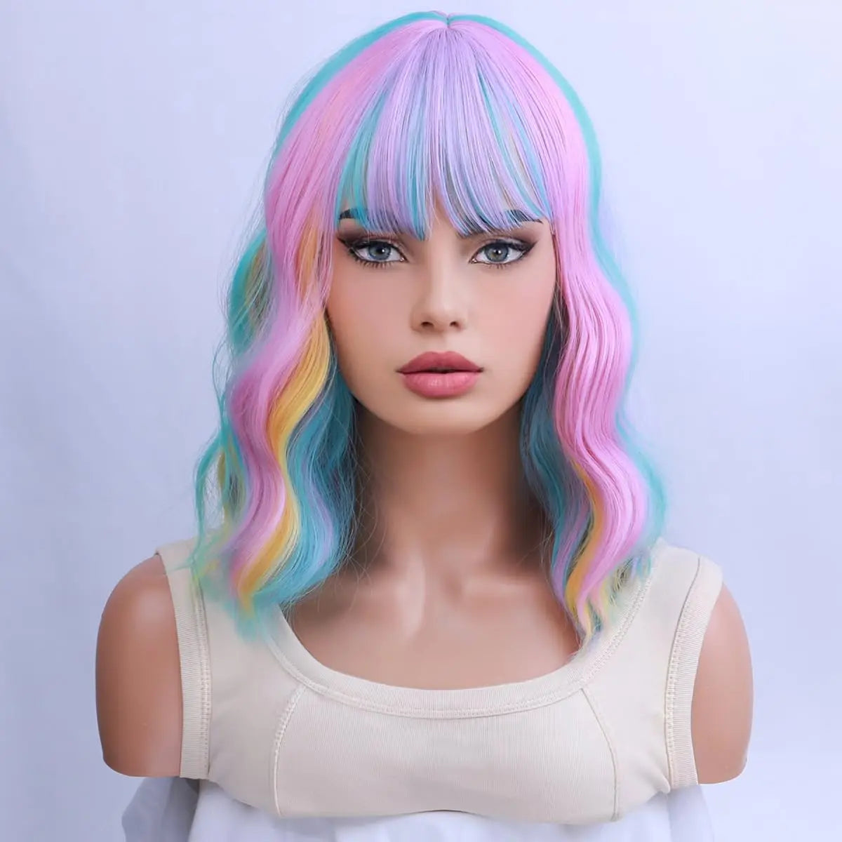 Women's Rainbow Short Curly Wavy Wig Multi-Color Bob with Bangs Heat-Resistant Synthetic Hair for Cosplay Costume Party