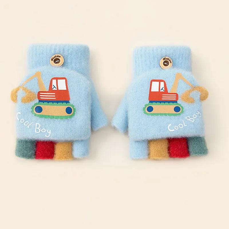 Kids Boys Girls Cartoon Excavator Half Finger Flip Cover Winter Thick Warm Gloves Toddler Outdoor Knitted Cold-Proof Mittens