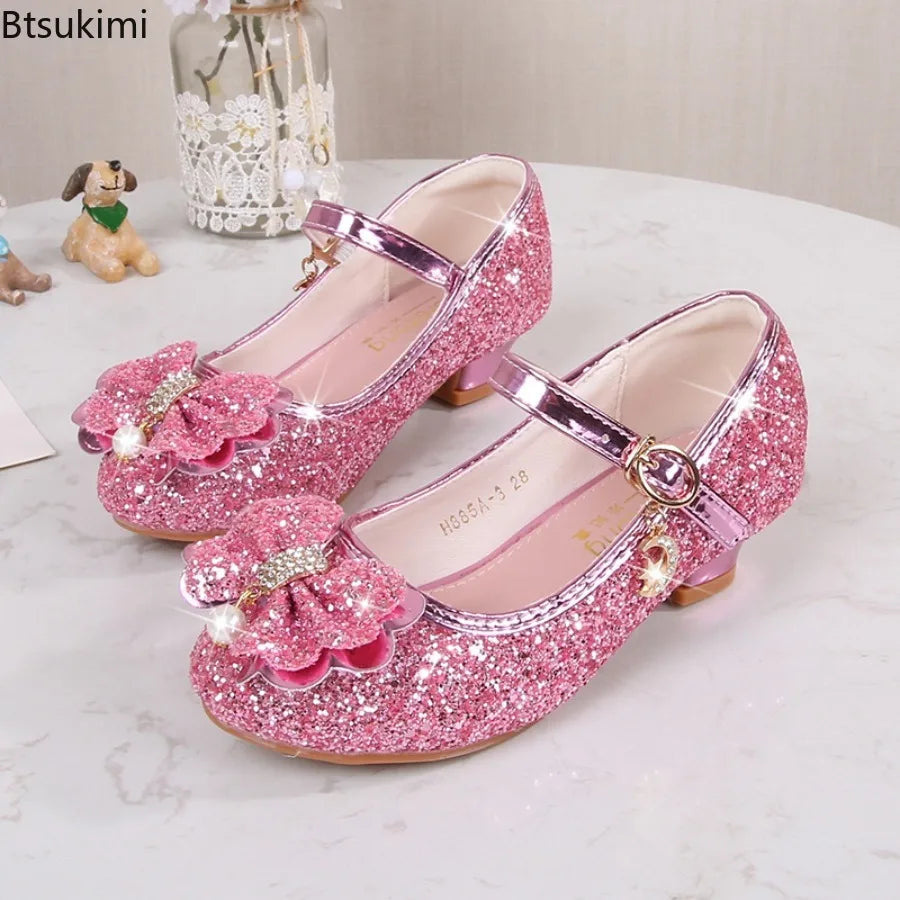 New Spring and Autumn Girls' High Heels Princess Dance Shoes Girls' Children's Shoes Shining Soft Leather Fashion Party Wedding