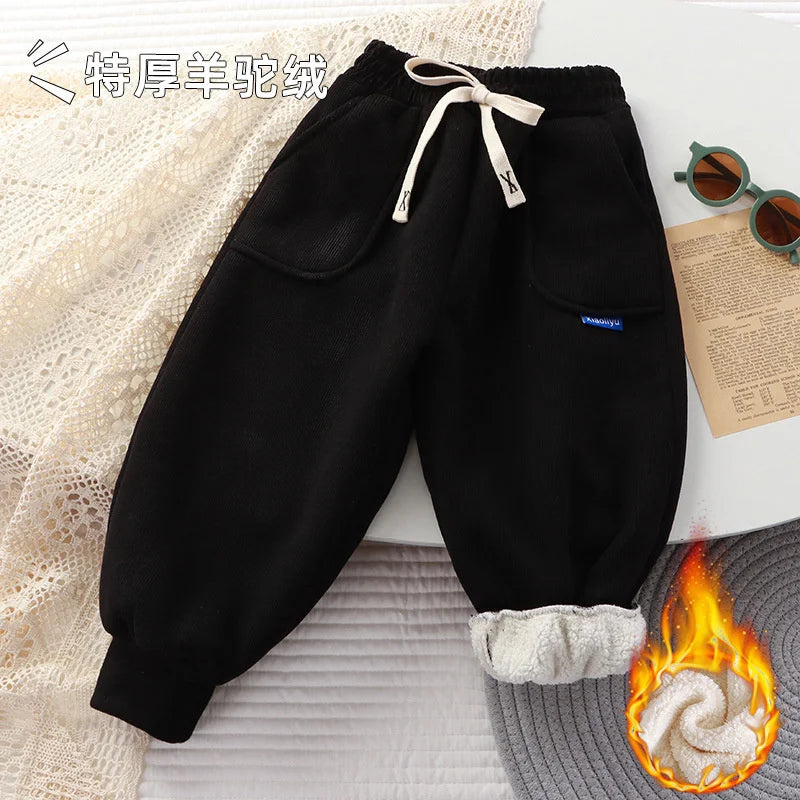 Kids Padded Pants Boys Girls Plus Velvet Thick Warm Trousers Autumn Winter Sport Casual Pants Children Clothes 3-12 Years