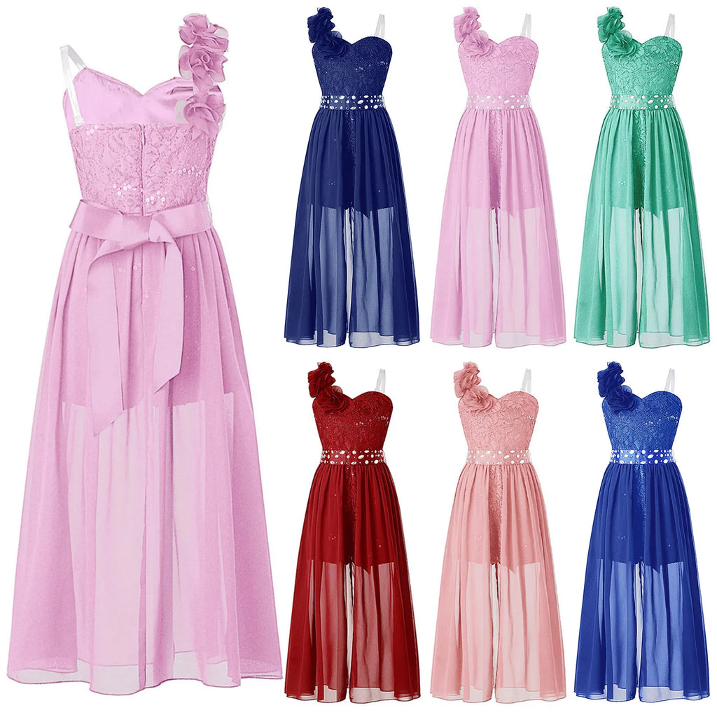 Kids Girls Elegant Party Dress Shiny Sequin Beaded Applique Lace Chiffon Jumpsuit Dress for Wedding Birthday Prom Pageant Evenig