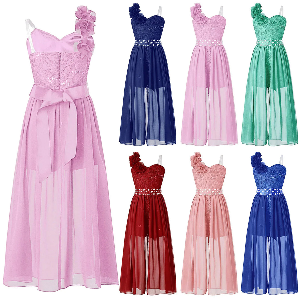Kids Girls Elegant Party Dress Shiny Sequin Beaded Applique Lace Chiffon Jumpsuit Dress for Wedding Birthday Prom Pageant Evenig
