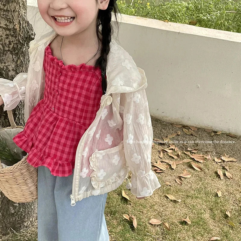 Summer Fashion Lightweight Kids Sun Suit Tops Floral Embroidery Lovely Girls Coats Drawstring Hooded Zip Baby Jackets 1-8 Years