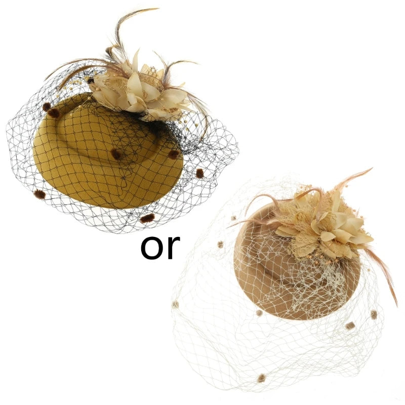 Fascinator Hats for Women Pillbox Cap with Flower Furry Mesh Veils and Hair Clip Party Headwear Headdress