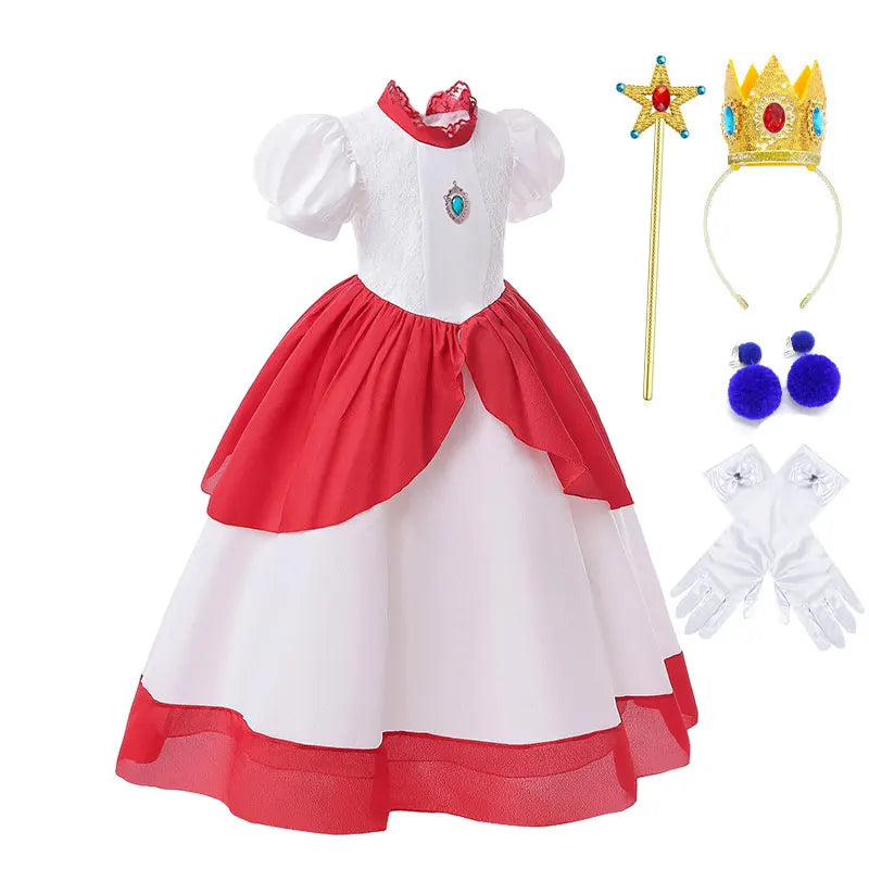 Kid White Peach Costume Princess Costume Plumber Adventure Girls Cosplay Apparel Halloween Video Game Victory Bonus Lolita Dress