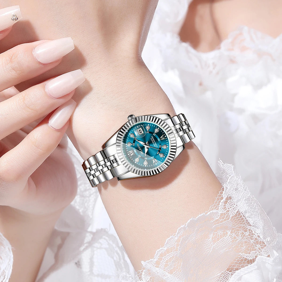 Luxury Rhinestone Women Watches Ladies Roma Dial Stainless Steel Quartz Wristwatch with Calendar Reloj Mujer (Without Box)