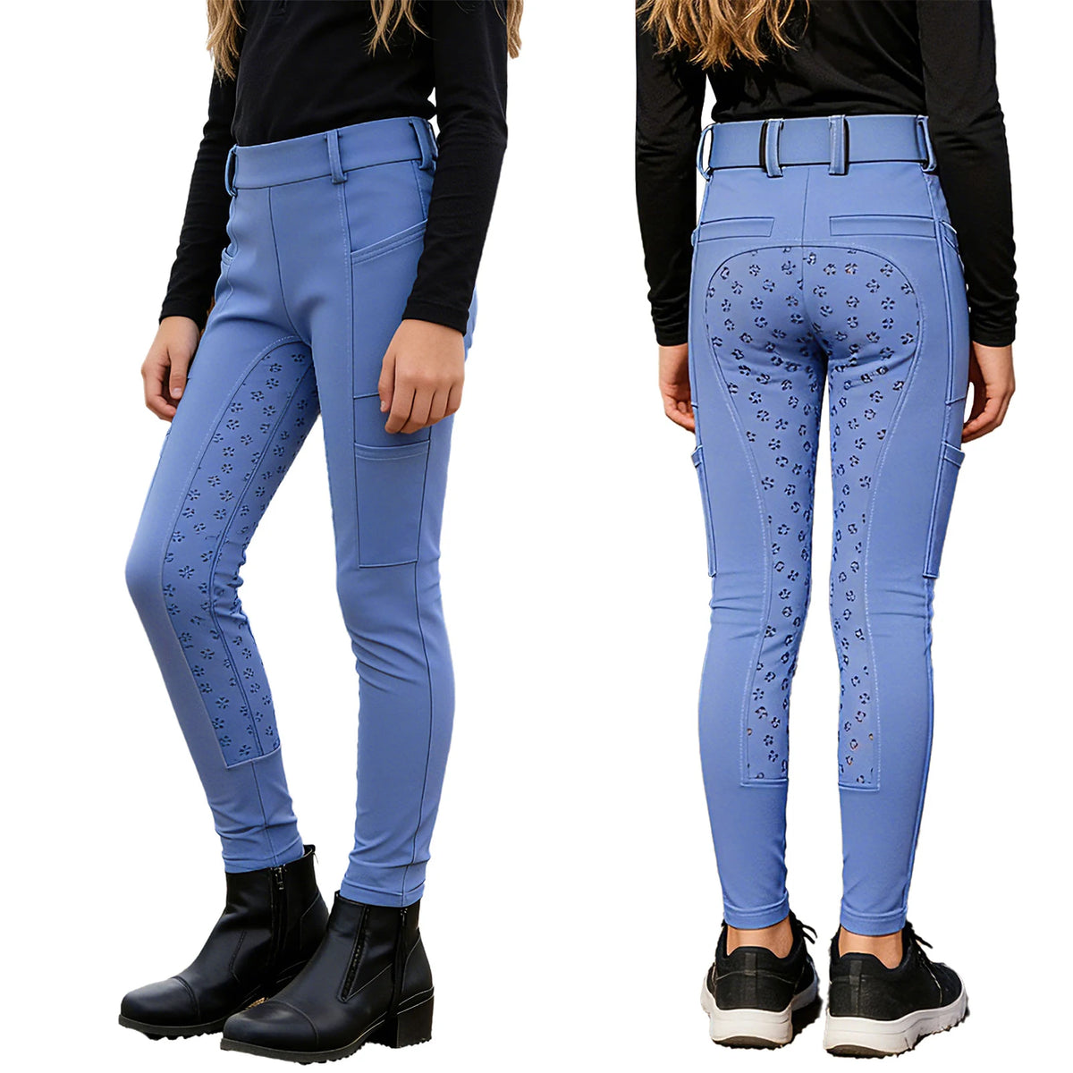 Kids Boys Girls Horse Riding Pants Sports Anti-slip Full Seat Equestrian Breeches Leggings with Multiple Pockets Outdoor Workout