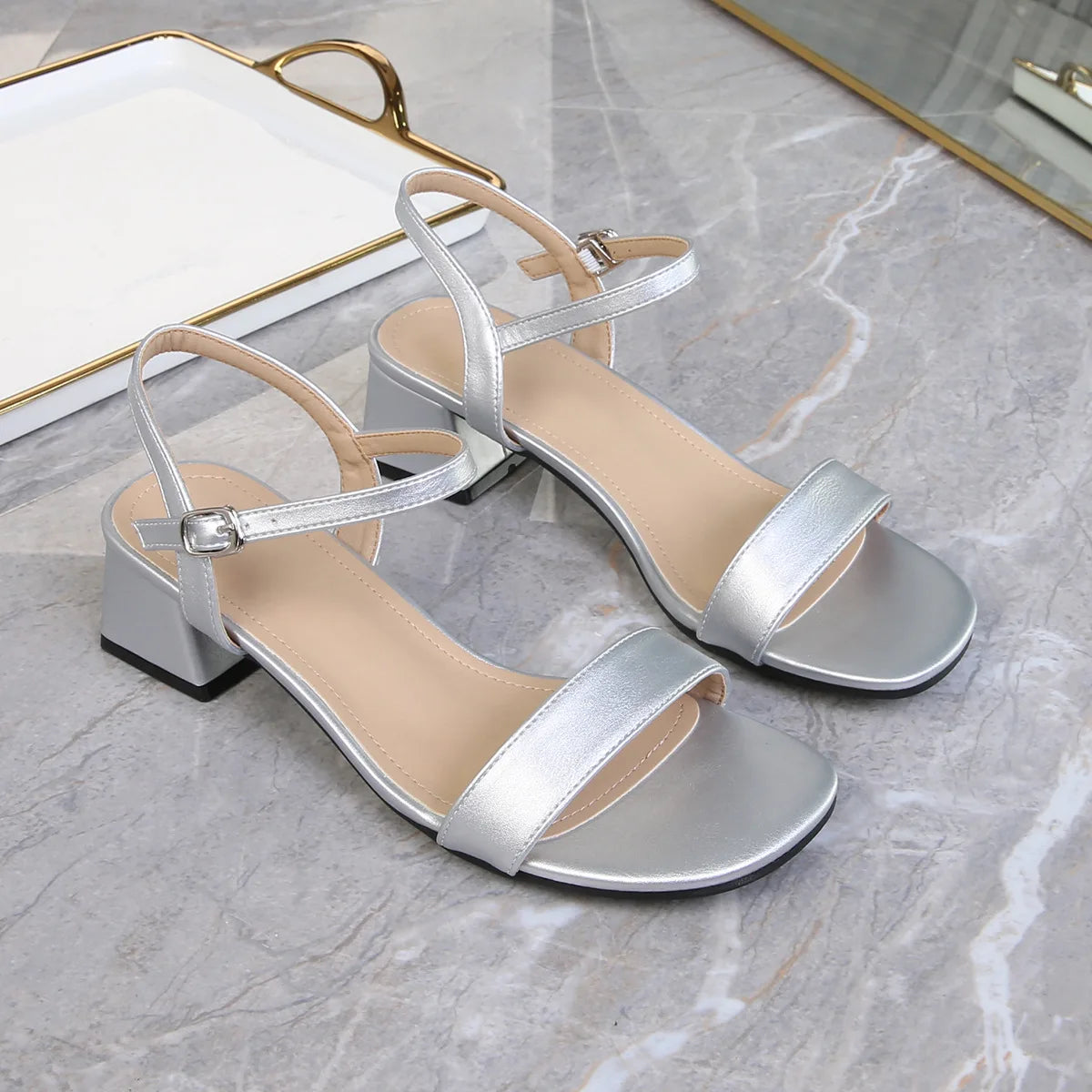 Sandals for Women Summer Fashion Soft Leather Chunky Sandals Round Head Open Anti-slip Wear-resistant High Heels Plus Size 44