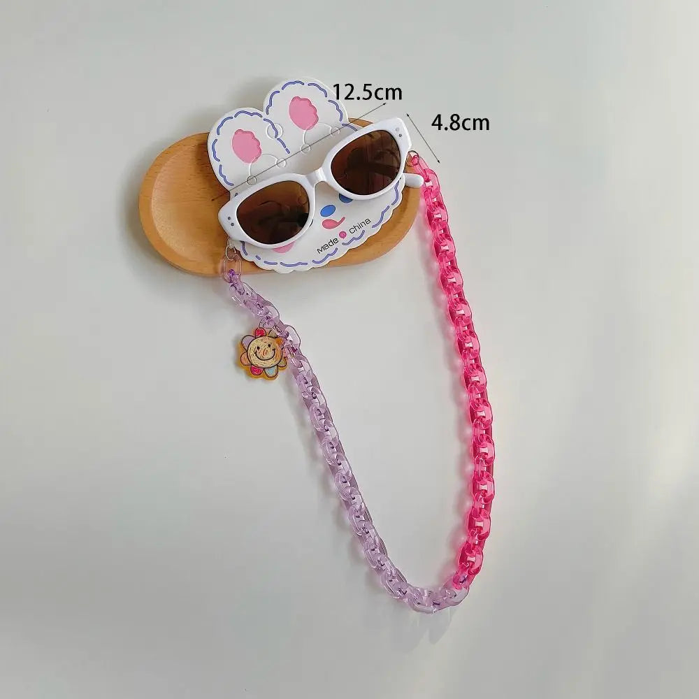 2Pcs/Set Spring Summer Kids Cat Eye Sunglasses Fashion Kawaii Sunscreen Eyeglasses Outdoor with Eyeglass Chains Children Eyewear