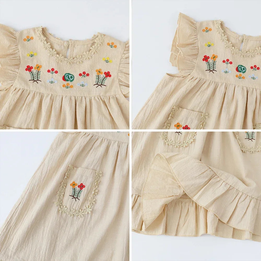 Kids Dresses for Girls Summer Khaki Embroidered Ruffle Edge Dress Sleeveless Lace Round Neck Pocket Dress Kids Clothes