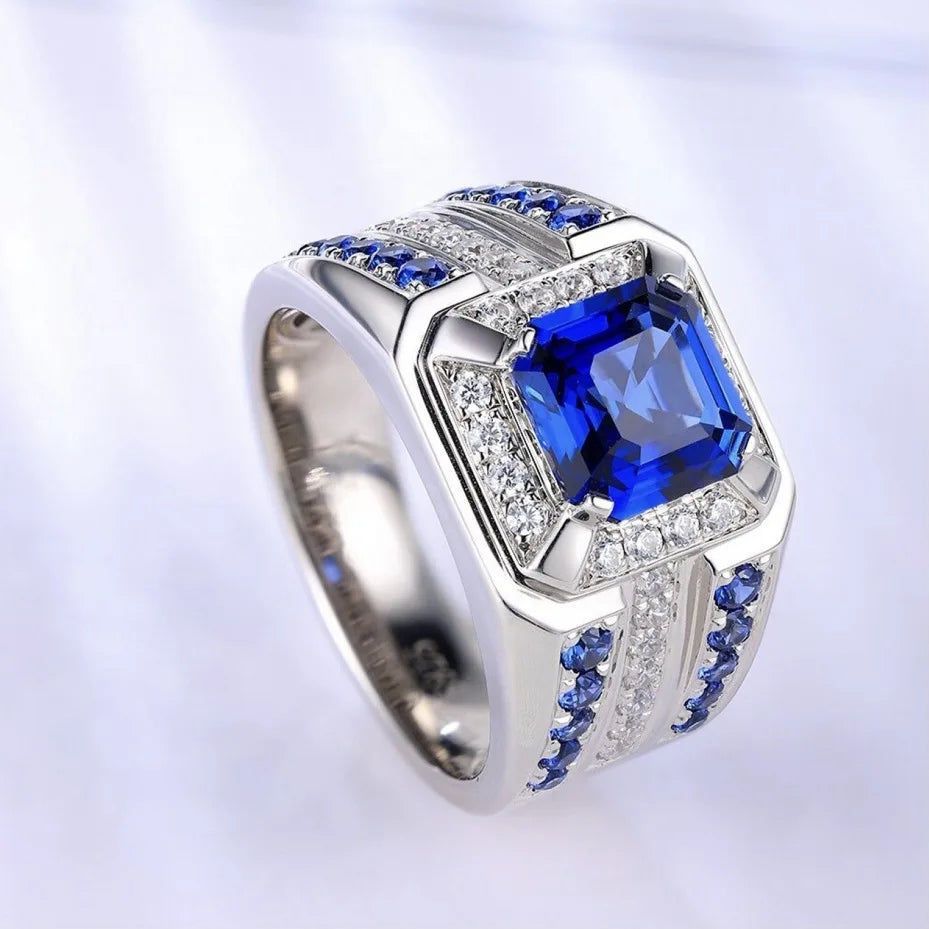 European - American Fashion New Men's Jewelry Inlaid Blue Square Stone Grand Luxury Men's Ring Wholesale Size 7-13