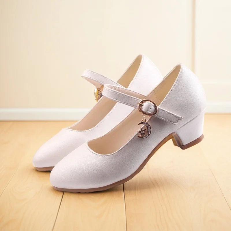 Children Girls Leather Shoes White Princess High Heel Shoes For Kids Girls Performance Dress Student Show Dance Sandals 28-41