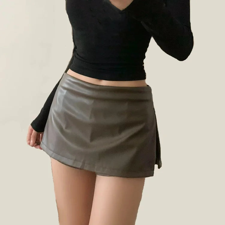 Summer Faux Leather Mini Skirts With Safety Shorts PU Skirts For Woman Low Waist Skirts Luxury Designer Slit Pencil Skirts Brown