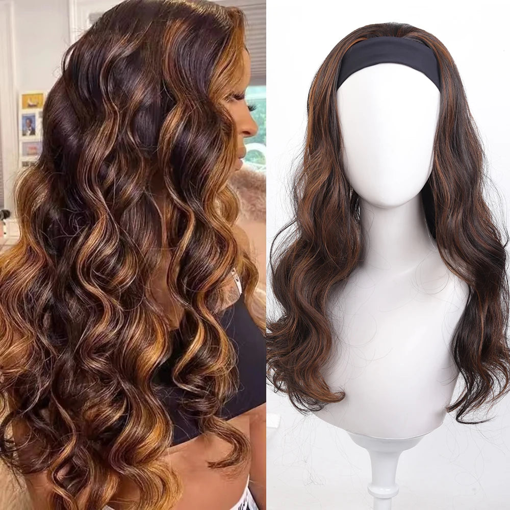 Long Synthetic Wavy Headband Wig for Women Black Wigs with Brown Blonde Highlight 100% Denisty Headband Wigs Glueless Wig Daily