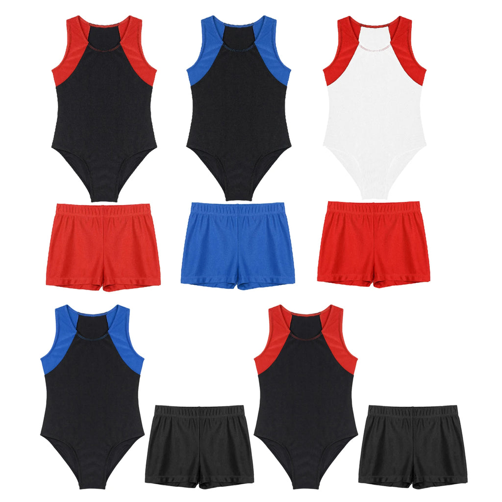 Kids Boys Sports Dance Outfits Gymnastics Leotards with Shorts Fitness Suit Stretchy Bodysuit Sportswear Gym Training Sport Sets