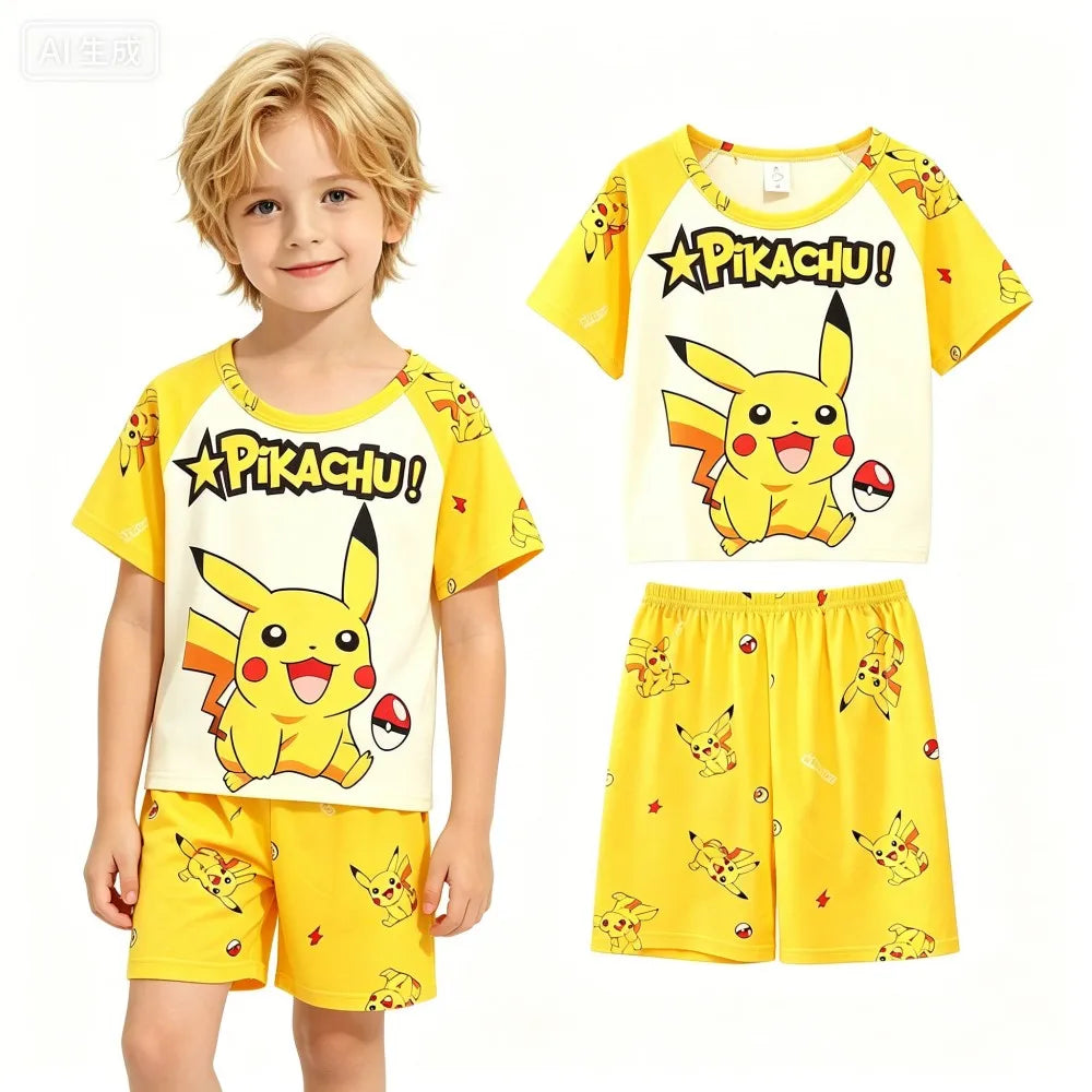 Animal Cartoon Boys Summer Pikachu Pajamas Sets Kids Summer Tops + Shorts Cartoon Sleepwear Pyjamas Toddler Kids Clothes Suits