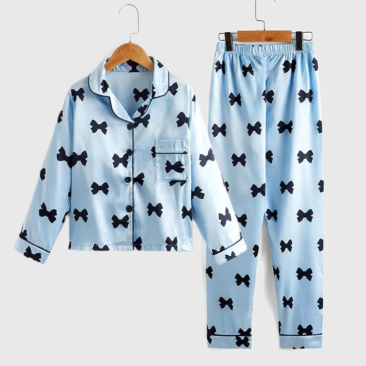 Autumn New Children's Pajama Set Imitation Silk Bow Printed Two-piece Pajamas Girls Solid Color Casual Long Sleeves Home Clothes