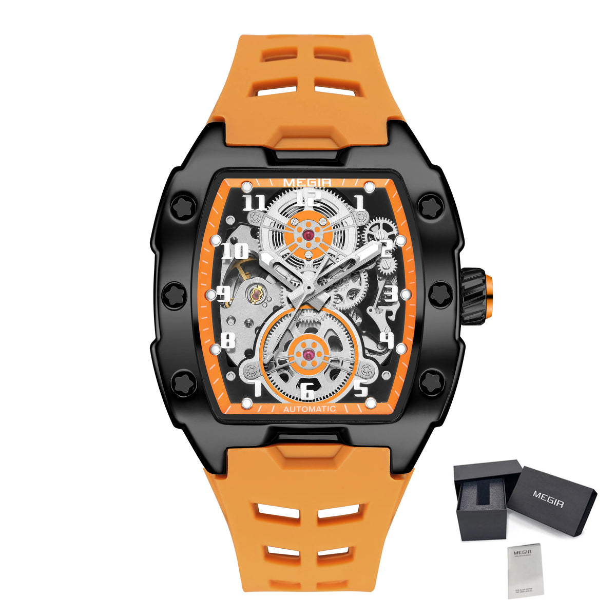 MEGIR Automatic Mechanical Watches for Men 43MM Tonneau Skeleton Dial Man Wristwatch Waterproof Luminous Male Clock Reloj Hombre