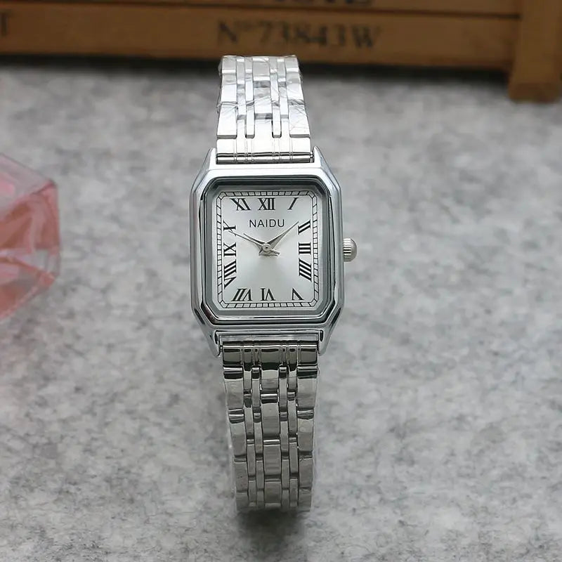 Women Quartz Watch Luxury Fashion Square Sliver Case Band Roman Numerals Dial Female Watches Niche New Ladies Dress Wristwatch