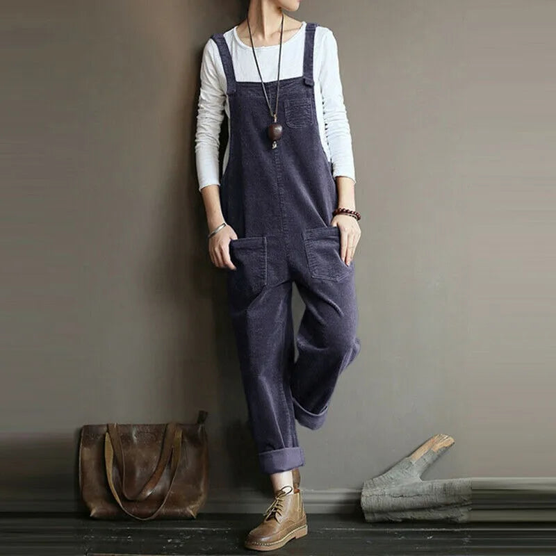 S-5XL Women Corduroy Jumpsuit Pocket Wide Leg Solid Color Loose Sleeveless Simple Autumn Playsuits Rompers Streetwear