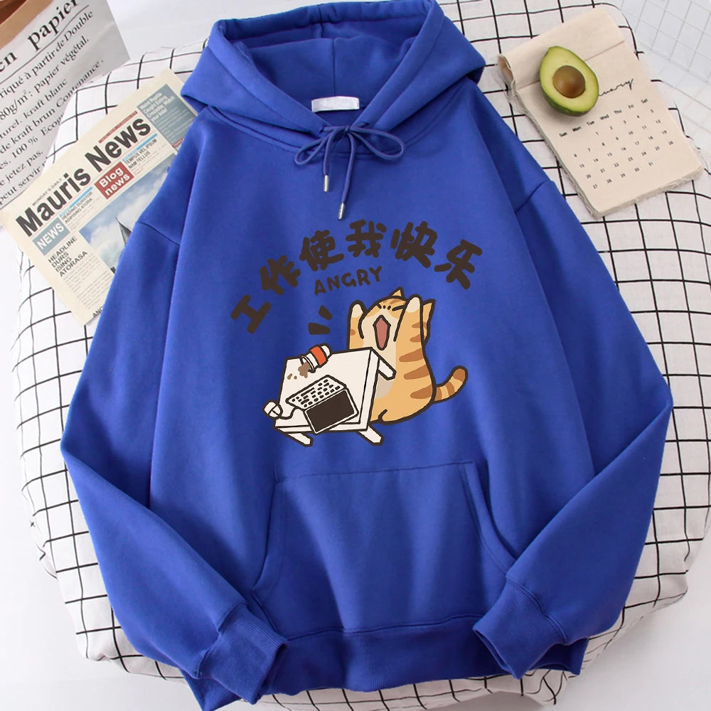 Fat Cat Slogans Work Is My Joy Boy Wei Clothing Casual High-Quality Hoodies Cartoon Fashion Hoody Daily Leisure Woolen Sweater