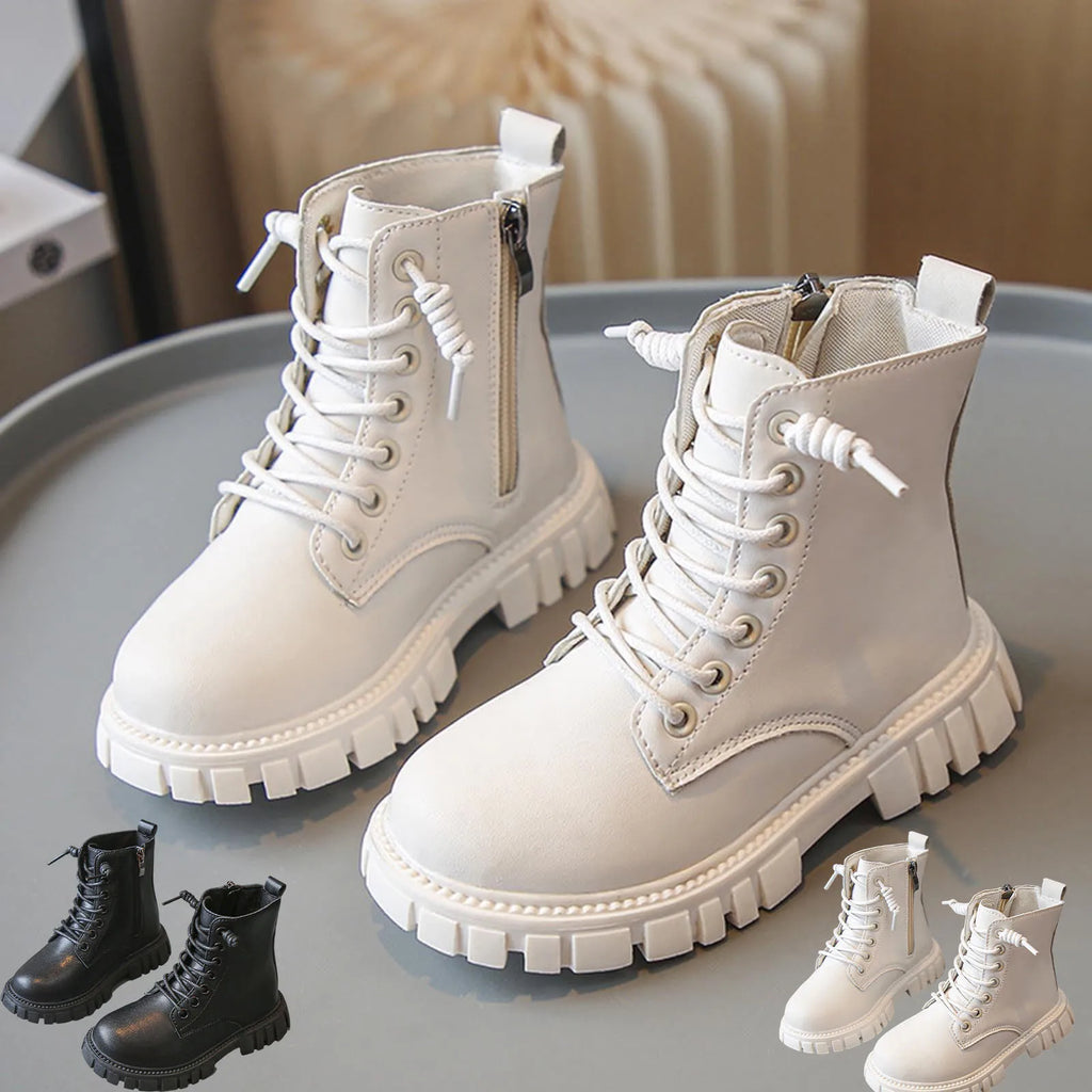 Spring Autumn Girls Fashion Ankle Boots School Kids Leather Boots Thick Bottom Non-slip Children's Causal Boots Black White