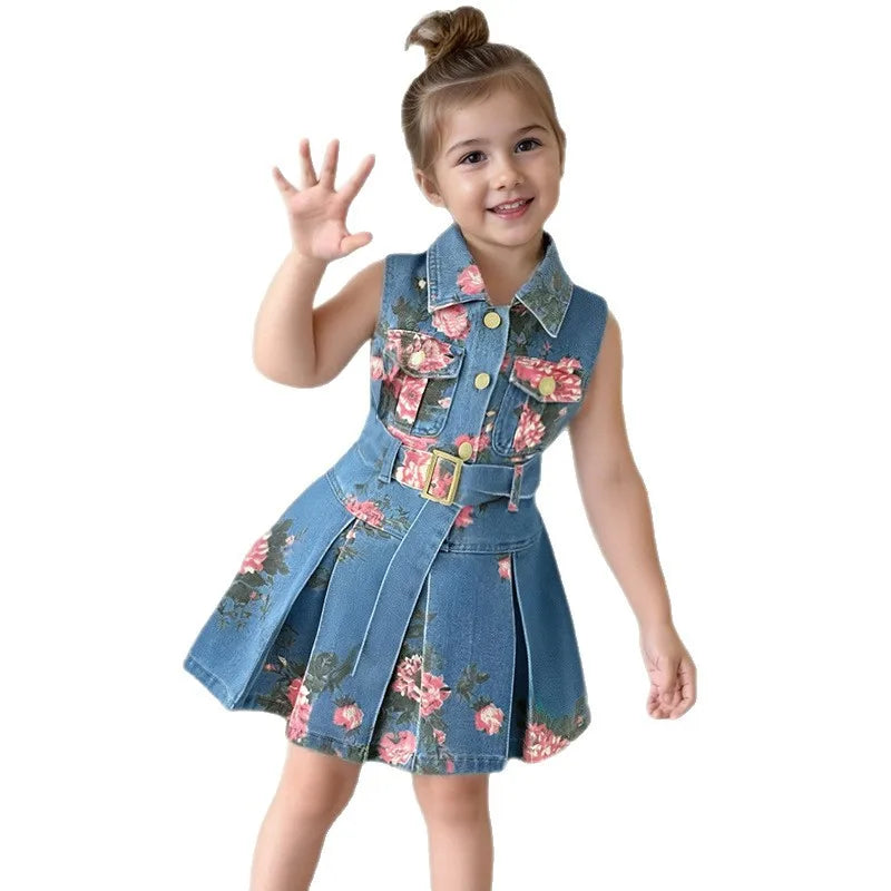 Kids Girls Floral Printed Denim Dress Summer Sleeveless Turn Down Collar Jean Vest Dress Fashionable Children Outfit