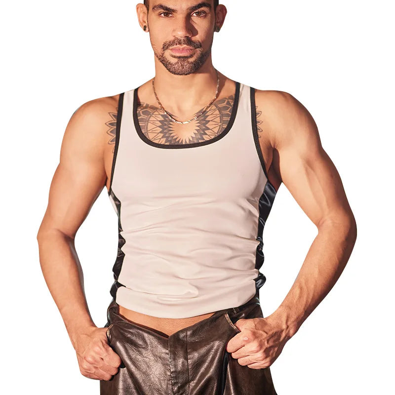 Men's Sports Vest Oil Shiny Glossy Sexy Tights Fitness Muscle Leather Top Underwear Ultra Elastic Oil Glossy Blouse Undershirt