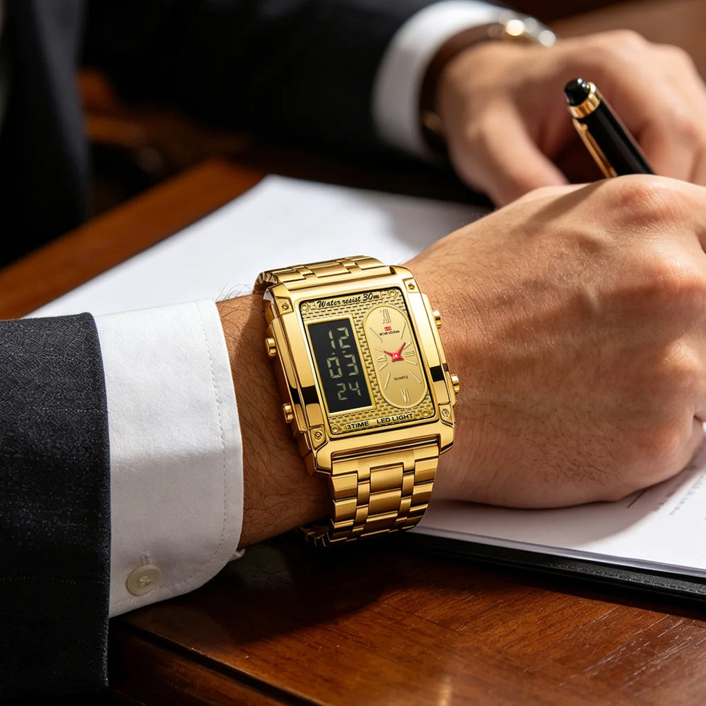 Men Electronic Watch With 50mm Rectangular LED Display Gold Stainless Steel Timing Clock Suitable Business Leisure Watch for Men