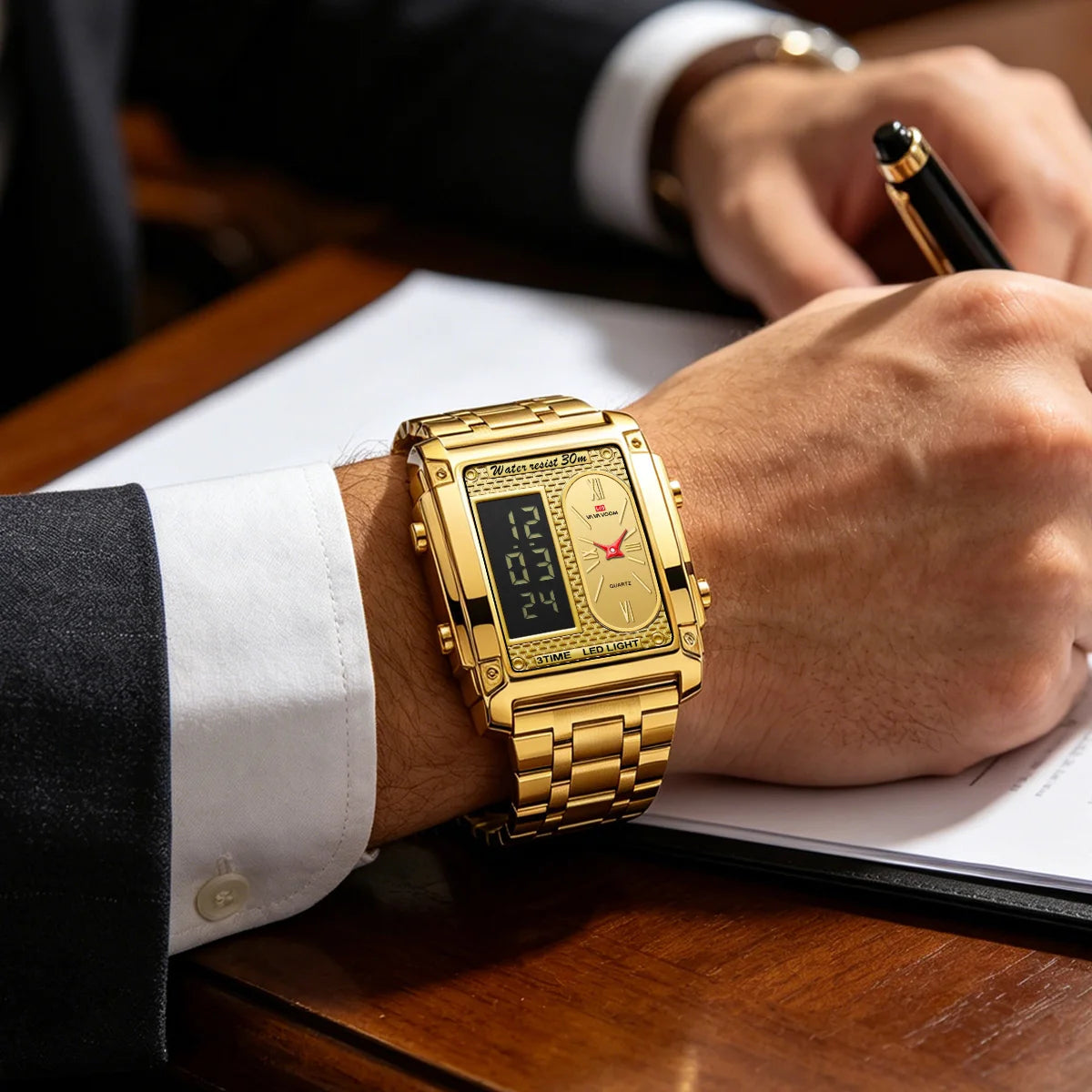 Men Electronic Watch With 50mm Rectangular LED Display Gold Stainless Steel Timing Clock Suitable Business Leisure Watch for Men