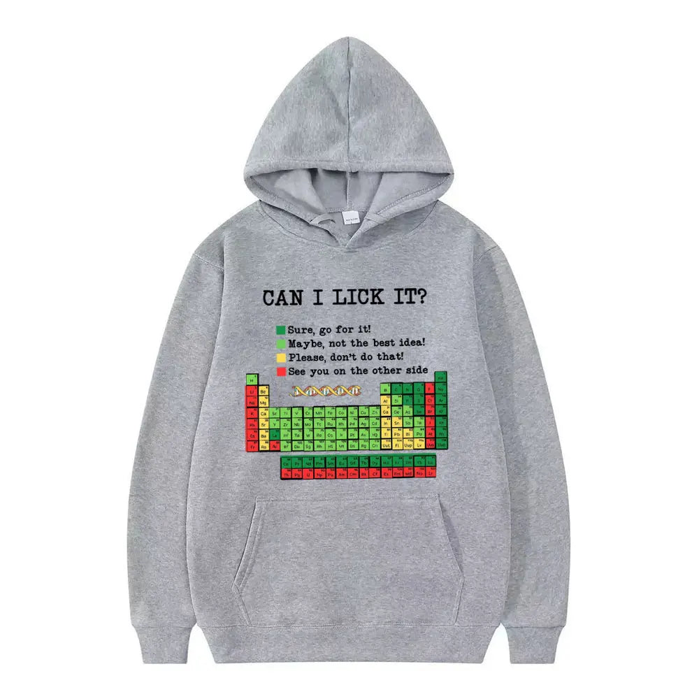 Funny Periodic Table“Can I Lick It? Chemistry Print Hoodie Men Women Casual Hoodies Long Sleeves Hip Hop Vintage Sweatshirts Top