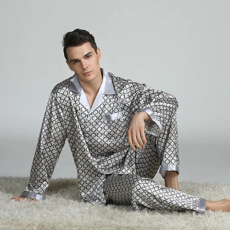 Pajamas Set Men's Home Clothes Long Sleeve Shirt&pants Male Satin Print Nightwear Casual Trousers Suit Spring Summer Loungewear