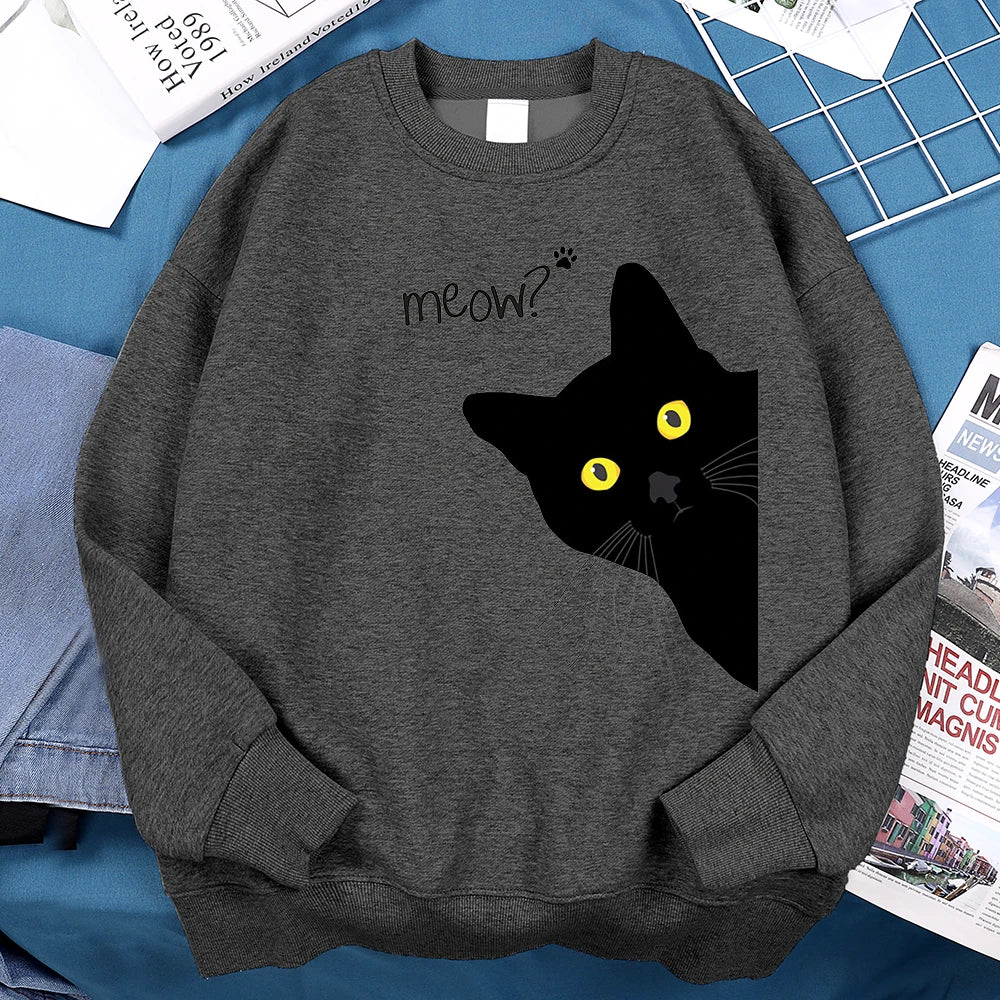 Meow The Black Cat Stared Intently Hoody Men Women Personality Loose Sweatshirts O-Neck Oversize Clothing Pullover Hoody Couple