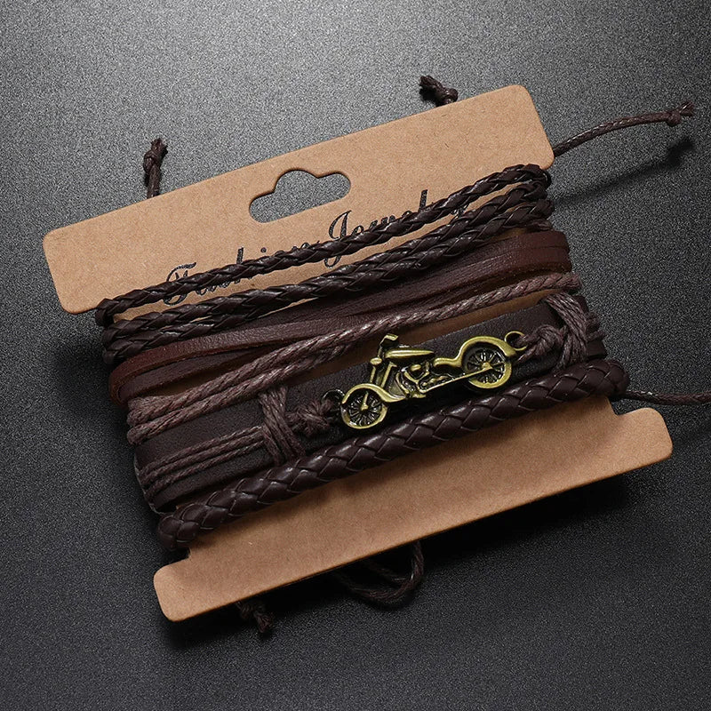 Fashion Bracelet For Men Hand Bangles Woven Alloy Motorcycle Hand Jewelry Adjustable Leather 4Pcs/Set Bracelet For Leather