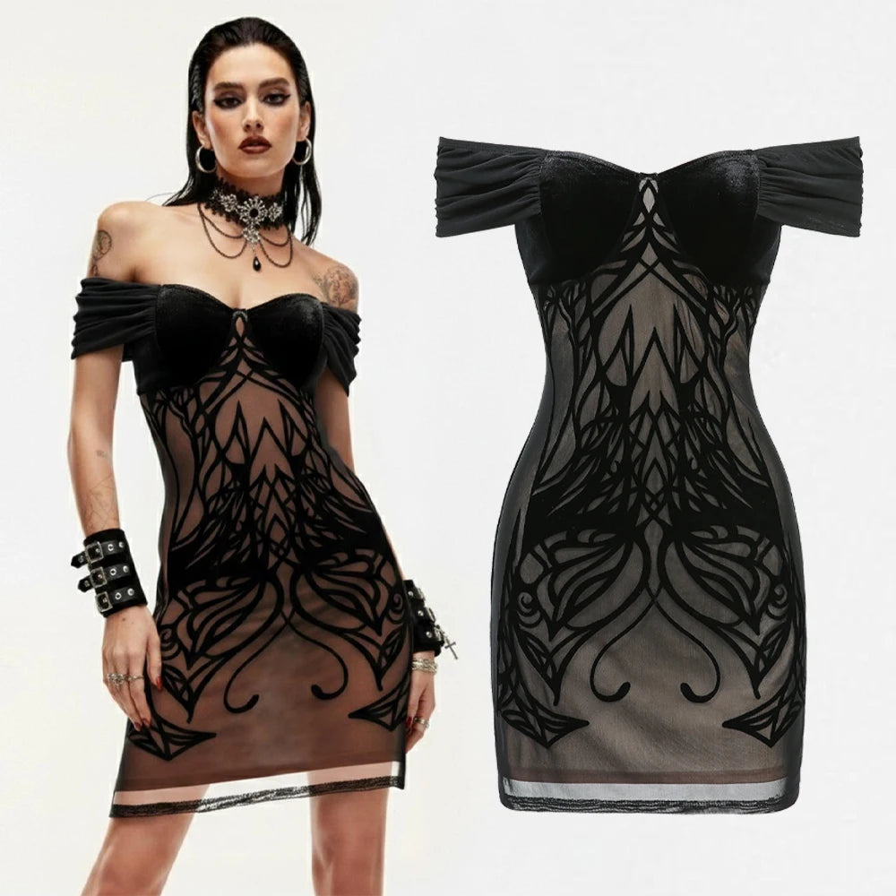 2026 Gothic Women's Bodycon Mini Dresses Off The Shoulder Curve Pattern Flocking Velvet Dress High Stretch Short Sleeves Dress