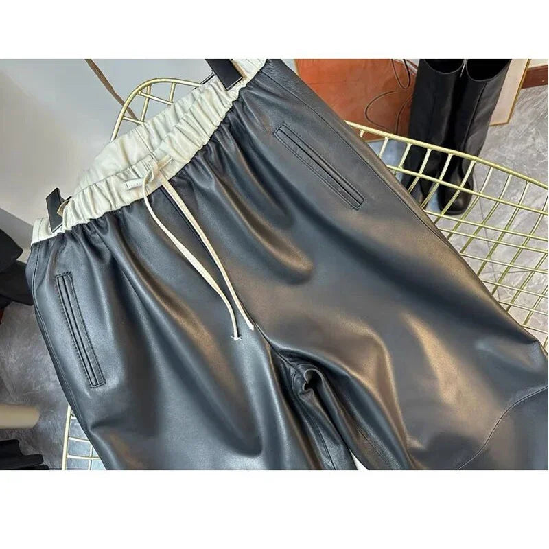 Pants For Women Genuine Leather Classic Female Straight Pipeline Suit Taller Trousers Long Legs Casual Streetwear Elastic Waist