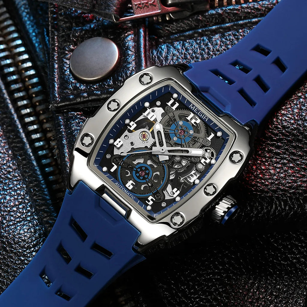MEGIR Automatic Mechanical Watches for Men 43MM Tonneau Skeleton Dial Man Wristwatch Waterproof Luminous Male Clock Reloj Hombre