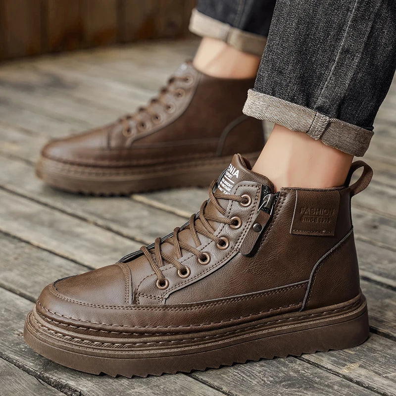 Men Boots Autumn Leather Waterproof Mid-top Sports Shoes New Fashion Ankle Boots Casual Outdoor Hiking Boots Shoes Male Sneakers