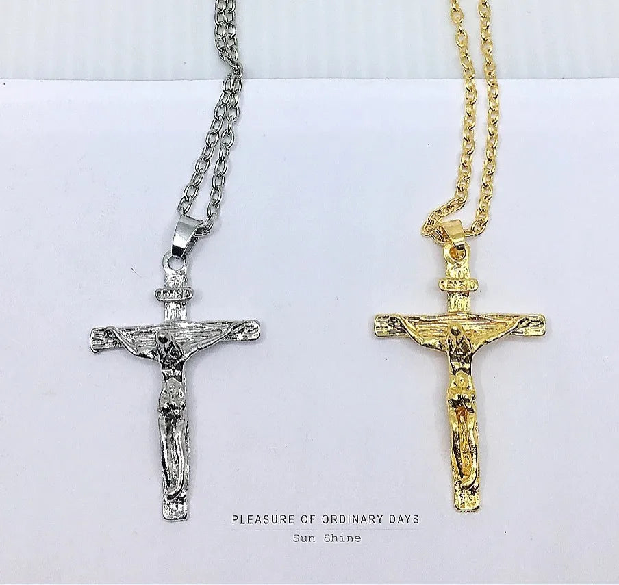 Fashion Crucifix Jesus Christ Men Jewelry Gold Brown Silver Color Metal Cross Pendant With Neck Chain Necklaces For Women