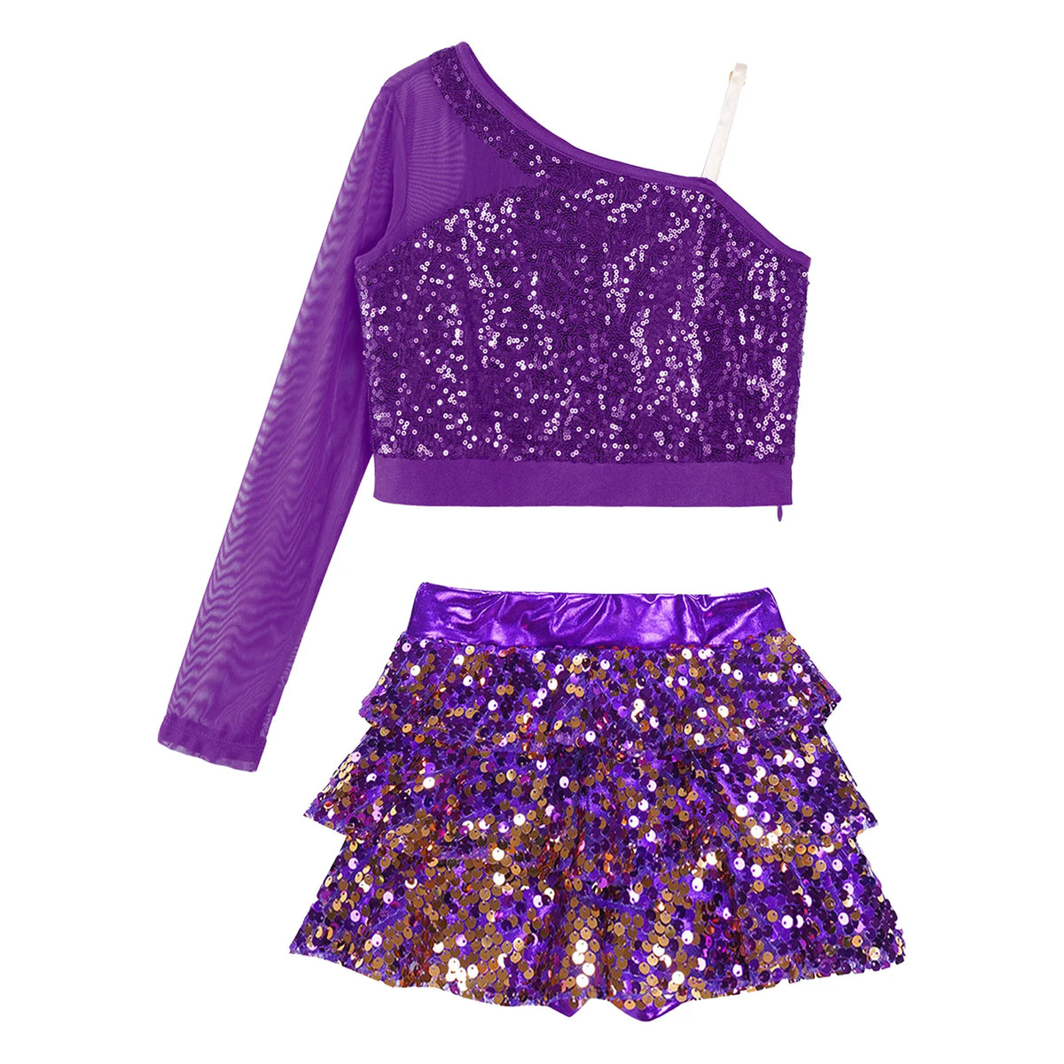 Kids Girls Dance Dresses Latin Jazz Modern Dance Show Costume Sequin Long Sleeve Crop Tops and Skirted Culottes Cheer Dancewear