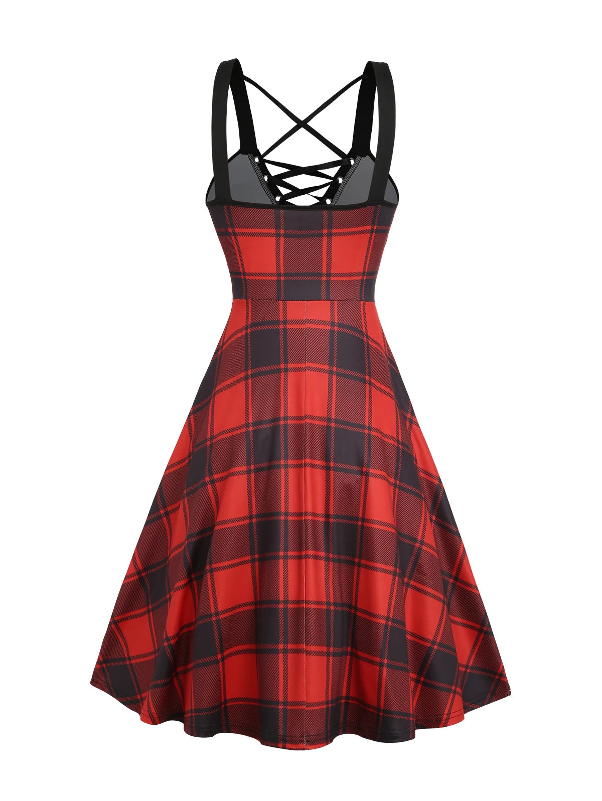 Dressfo 2024 Womens Dresses Plaid Print Lace Up Sleeveless Cami Dress High Waist Spaghetti Strap Summer Dress